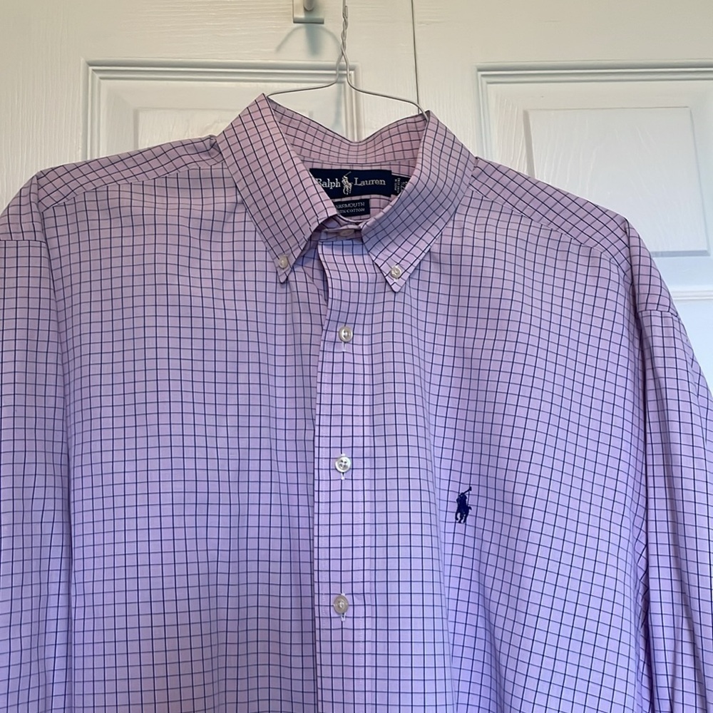 Men’s 17.5” Polo Ralph Lauren Purple check Button Down Shirt blue logo Yarmouth